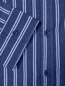 glestore Men's Vintage Style Casual Linen Textured Striped Long Sleeve Shirt, Versatile All-Season Essential - Navy Blue - View 5