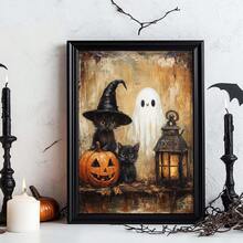 1pc Canvas Wall Art With Frame, Vintage Halloween Theme, Black Cat, Witch Hat, Cute Ghost, Pumpkin Lantern, Glowing Lantern Pattern, Country Style Oil Painting, Pastoral Dark Academia Aesthetic, Suitable For Modern Home Decor, Room Decoration - Black Cat Ghost - View 11