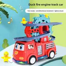 Coche de juguete para niños de gran capacidad con pista de ensamblaje multifunción, coche eléctrico con dinosaurio Tiranosaurio, Triceratops, pato amarillo y camión de bomberos, pista con bucle y tobogán, luces de colores, música dinámica, giro automático, evitación de obstáculos, deslizamiento omnidireccional, juguete educativo divertido e interactivo para niños, regalo adecuado para bebés de 2 años en adelante, regalo de cumpleaños y vacaciones (requiere 3 pilas AA) - Multicolor - Ver 3