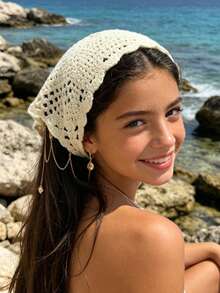 1pc French Minimalist Triangle Headscarf Hair Accessory For Beach Photography, Sweet And Cute Girl Hairband With Ocean Shell And Faux Pearl Cute Pattern Pendant Decoration, Suitable For Summer Beach Travel Vacation Hair Styling Versatile Accessory - Multicolor - View 2