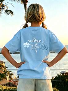 1 buah Kaos Lengan Pendek Bergambar untuk Anak Perempuan Remaja, Pakaian Pelajar/Remaja, Hadiah Musim Panas - Baby Blue - View 1