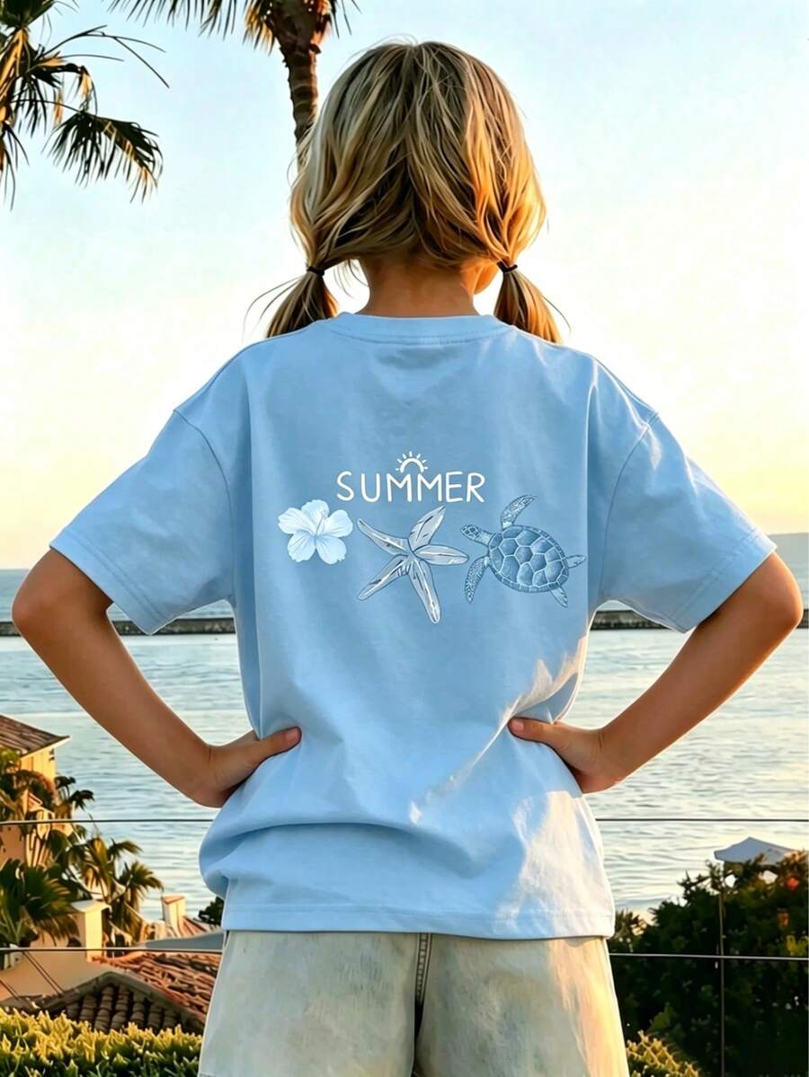 1 buah Kaos Lengan Pendek Bergambar untuk Anak Perempuan Remaja, Pakaian Pelajar/Remaja, Hadiah Musim Panas - Baby Blue - View 1