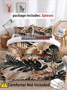 3pcs Black Gold Tropical Palm Leaf Pattern Duvet Cover Set (1*Duvet Cover + 2*Pillowcase, Without Core), Modern Minimalist Aesthetic, Luxury Vintage Monstera Fern Jungle Botanical Bedding Sleek Contemporary Bedding, Room Decor For Bedroom, Apartment - Multicolor - View 5