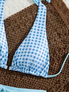 PEPPERMOLLY Women's Sexy Fashion Backless Halter Plaid Bikini Top With Solid Blue High Elasticity Shorts, 2-Piece Swimwear Vacation Summer Beach - Light Blue - View 5