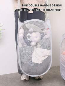 1pc Round Open Foldable Mesh Basket With Side Pocket, 36*58cm Large Capacity Mesh Laundry Basket, Suitable For Nursery, Bathroom - Multicolor - View 12