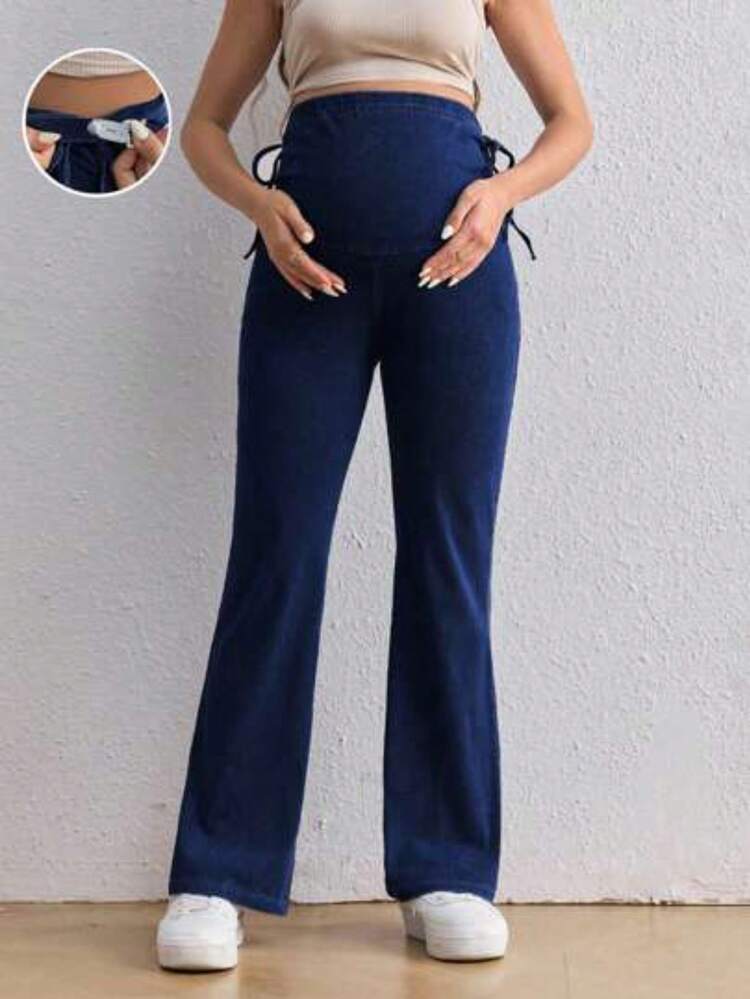 Jeans ceñidos elásticos de tiro alto para mujer embarazada, azules informales para maternidad - Azul lavado oscuro - Añade 1