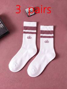 1/3 Pairs White Letter Mid-Calf Socks, Striped Cuff Knit Casual Street Style Mid-Calf Socks, Minimalist Yet Designed Overall Style, Suitable For Daily Commute, Casual Wear, Theme Parties, Holiday Gifts, Home Wear, Relaxed Style - Multicolor - View 7