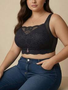 Plus Size Underwire-Free Lace Full Coverage Bra, Push Up And Adjustable, Suitable For Big Breasts, Helps To Reduce, Collect And Prevent Sagging - Black - View 4