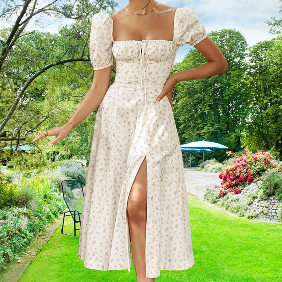European And American Women's Fashion 2023, New Style, Fresh Floral Print Strappy Dress, Slim Fit And Side Slit For Women, Summer And Autumn - 鏽棕色 - 查看 1