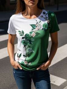 New Women's Short-Sleeved T-Shirt, European And American Style, With Round Neck, Floral Print, Color Block Design, Slim And Casual Fit. - 綠色 - 查看 4