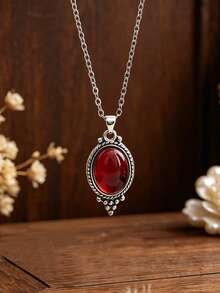 1pc Vintage Bohemian Pomegranate Stone Pendant Necklace, Women's Creative Exquisite Carved Red Personalized Necklace Jewelry Accessory - Light Green Water Drops - View 2