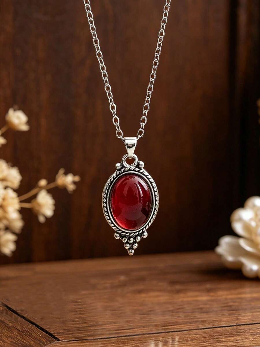 1pc Vintage Bohemian Pomegranate Stone Pendant Necklace, Women's Creative Exquisite Carved Red Personalized Necklace Jewelry Accessory