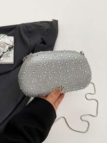 Women's Rhinestone Rounded Rectangular Evening Clutch, Front Curved Oval Handle Handbag, Fashion Crossbody Bag, Suitable For Wedding, Ball, Valentine's Day Party - Silver - View 5