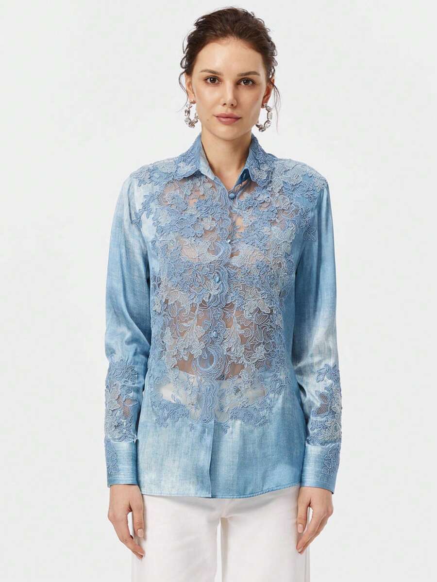 Rich Radi Q's Elegant Women's Long Sleeve Blouse With Contrast Lace And Hollow-Out Details, Blue Regular Hem Shirt Collar Top - Blue - View 1