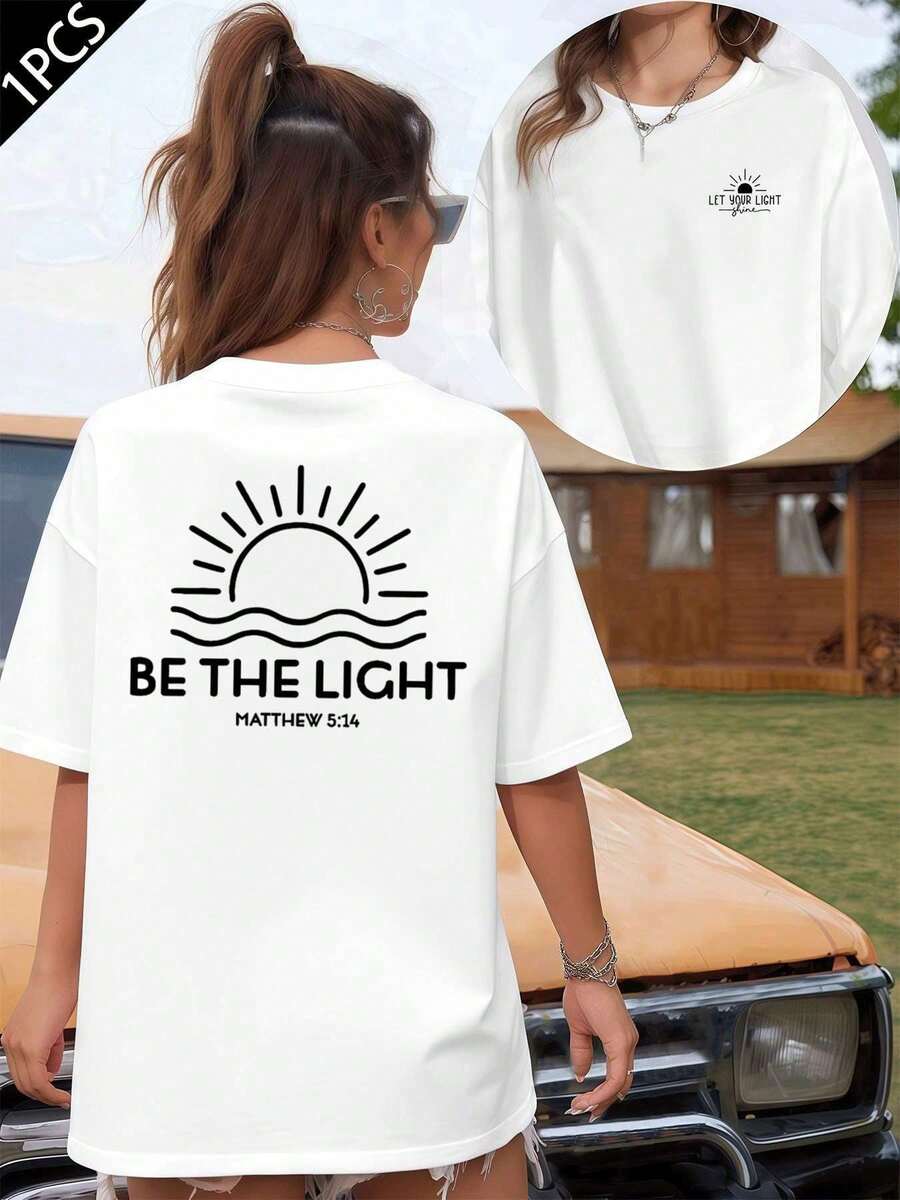 Be The Light Graphic T-Shirt, 180 G/M² Cotton T-Shirt With Double-Sided Print, Round Neck, Casual And Fashionable Style For Women (1 Piece) - 白色 - 查看 1