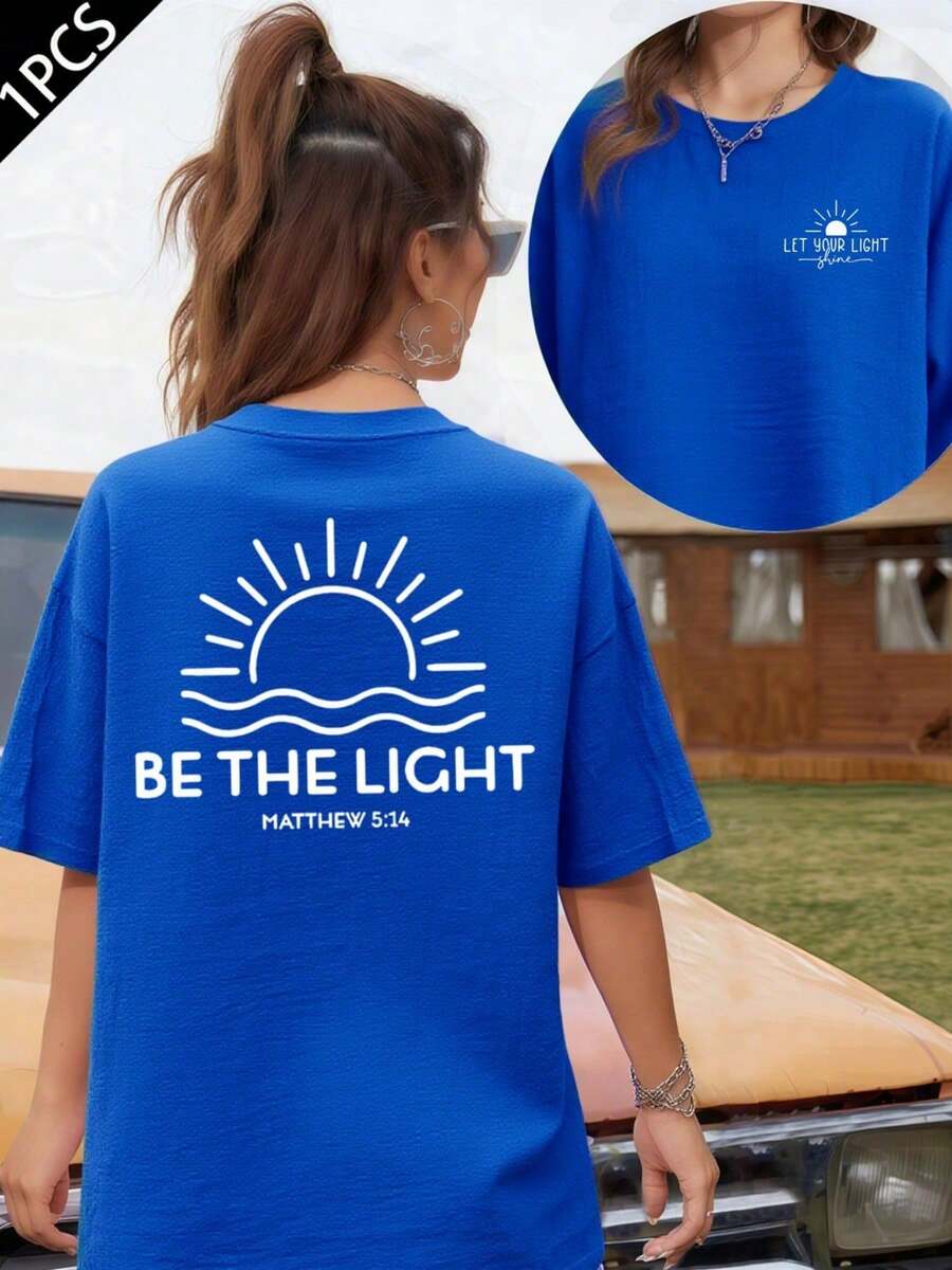 Be The Light Graphic T-Shirt, 180 G/M² Cotton T-Shirt With Double-Sided Print, Round Neck, Casual And Fashionable Style For Women (1 Piece) - 藍色 - 查看 1