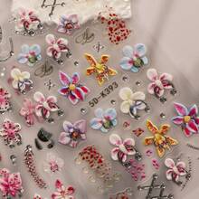 2pcs 5D 3D Embossed Orchid Bow Nail Stickers, Sweet Cool Punk Metal Chain Rhinestone Rose Nail Art Supplies, Artistic Nail Decoration For Wedding Season, Music Festival, Spring/Summer Party, Daily DIY - Multicolor - View 3