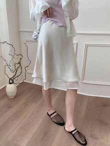 Double Layer Satin Ruffle Hem High Waist A-Line Skirt For Summer - Apricot - View 3
