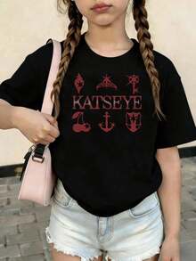 KATSEYE Printed Summer T-Shirts, Vintage Y2K Hip Hop Style, Short Sleeve T-Shirt, Summer Clothes For Girls, Toddler Girls' Clothes, Teen Clothes, Kids' Clothes - 藍色和黑色 - 查看 1