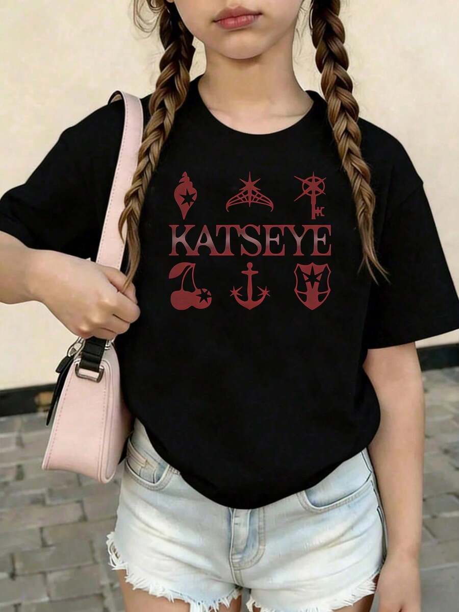 KATSEYE Printed Summer T-Shirts, Vintage Y2K Hip Hop Style, Short Sleeve T-Shirt, Summer Clothes For Girls, Toddler Girls' Clothes, Teen Clothes, Kids' Clothes - 藍色和黑色 - 查看 1