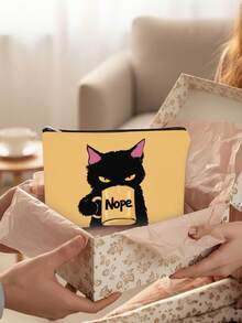 Tsundere Black Cat "Nope" Coffee Cup Makeup Bag, Funny Cat Print Zipper Storage Pouch, Portable Cosmetic Creative Gift - Multicolor - View 5