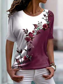 New Women's Short-Sleeved T-Shirt, European And American Style, With Round Neck, Floral Print, Color Block Design, Slim And Casual Fit. - Burgundy - View 1