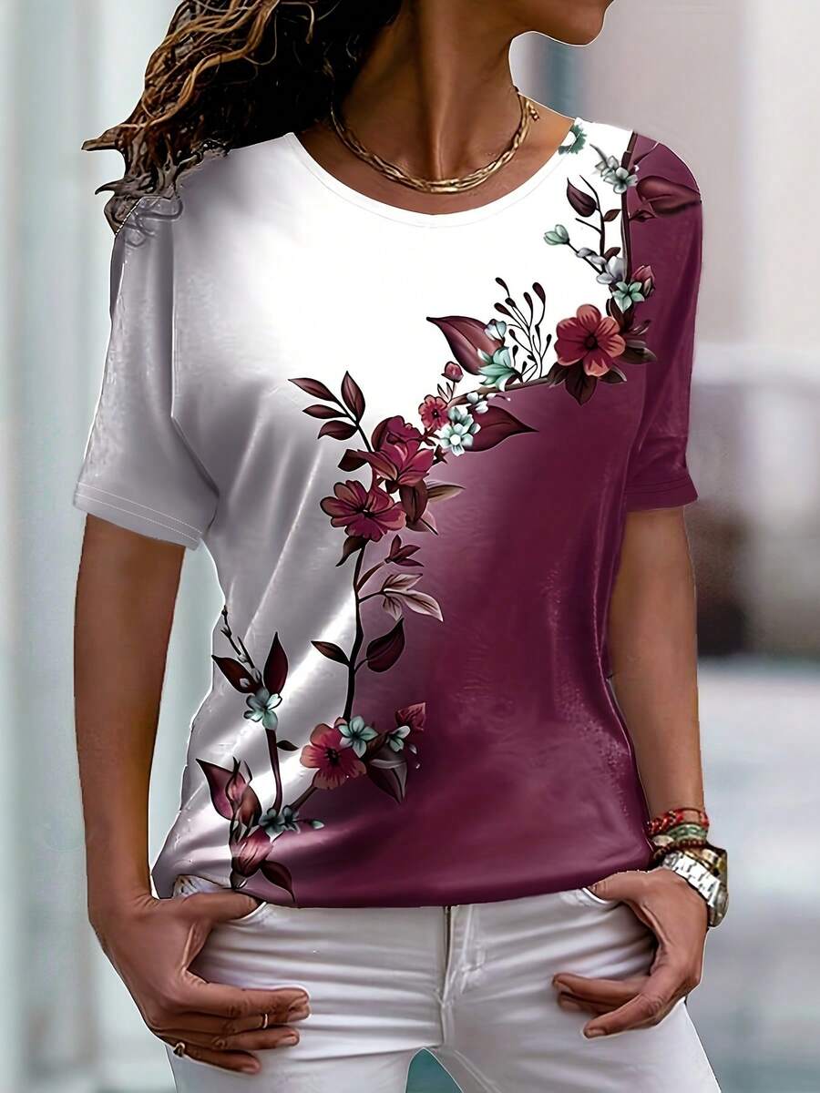 New Women's Short-Sleeved T-Shirt, European And American Style, With Round Neck, Floral Print, Color Block Design, Slim And Casual Fit. - Burgundy - View 1