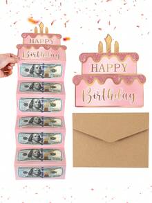 1 Set Pink Gold Happy Birthday Folding Cash Card, Pink Birthday Cake Pattern, Folding Money Card And Envelope, Perfect Choice For Birthday Party Supplies - Multicolor - View 5