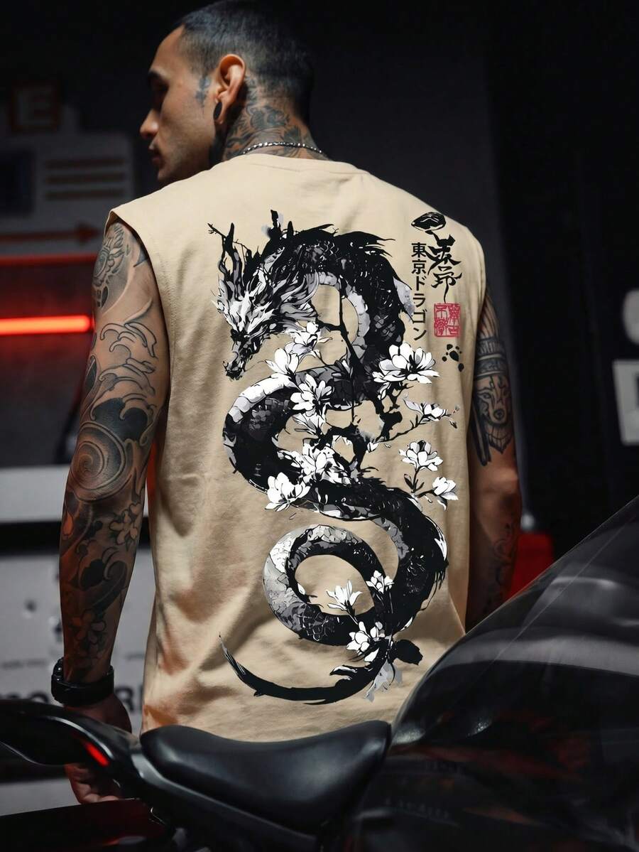 东方水墨画美学与日式印花男士休闲宽松背心