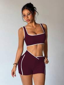 女款瑜伽拼色運動套裝，健身緊身褲2件套，運動服裝，黑色運動套裝 - 酒紅色 - 查看 5
