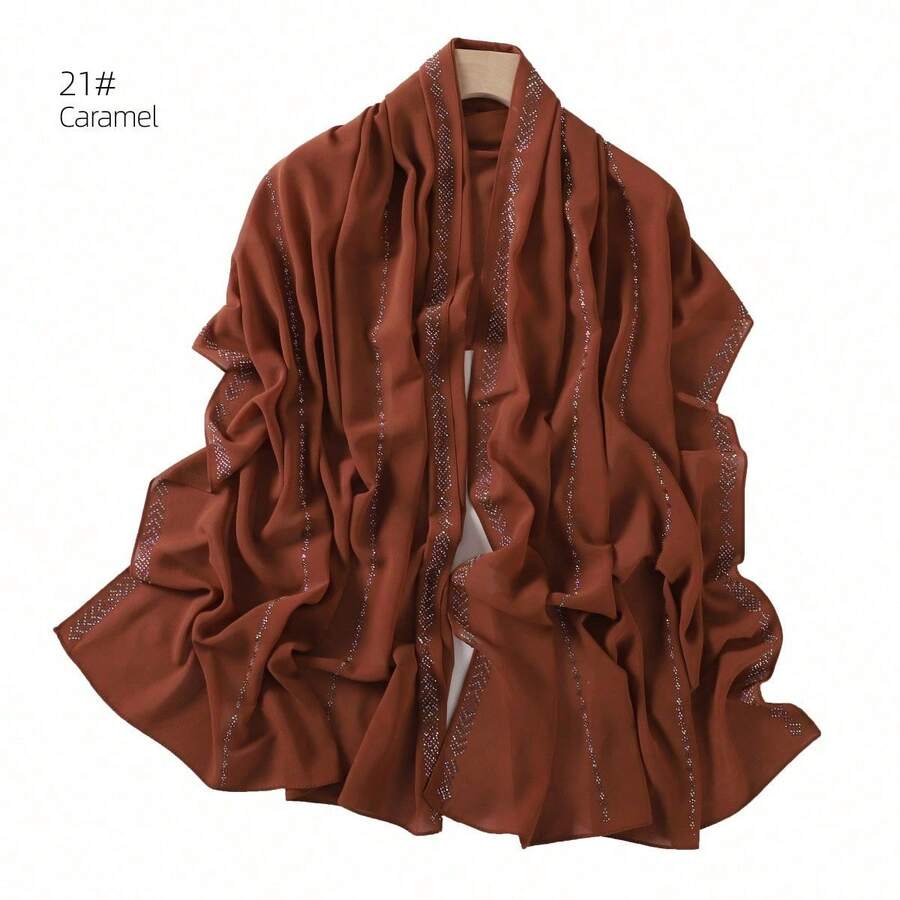 1 Piece Solid Color Rhinestone Chiffon Hijab, Elegant Faux Rhinestone Scarf, Sunscreen Shawl For Women, Ideal For Dresses. - Grey - View 1