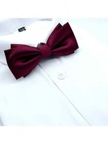 1pc Dark Green Double Layer Men's Bow Tie, Personalized Wedding Banquet Bow Tie - Burgundy - View 1