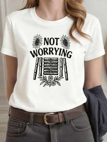ropa de mujer Camiseta gráfica floral "No te preocupes" con cuello redondo, corte holgado, estilo hip-hop urbano, ajuste cómodo, estampado gráfico único, blusa de mujer - Blanco - Ver 1