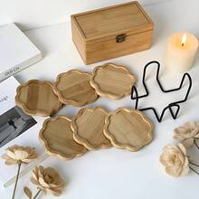 6 Coasters + 1 Holder, Bamboo Coaster Set, Minimalist Creative Design, Suitable For Coffee And Tea Cups, Rounded Edges, Natural Wood Color, Can Be Used As Kitchen And Dining Table Decor, Exquisite Desktop Decoration. - Multicolor - View 9