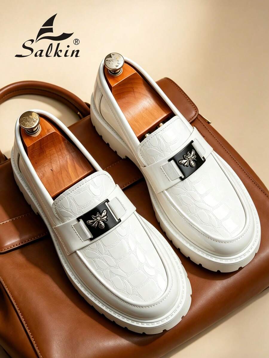 Salkin BEE 正版男士時尚設計師一腳蹬樂福鞋 紳士社交鞋 簡約純色 柔軟舒適鞋面 防滑耐磨大底 厚底增高 日常休閒 辦公商務 正式場合 派對婚禮新郎鞋 多功能百搭 春夏秋款 尺寸偏小,請選擇大一號 - 白色 - 查看 1