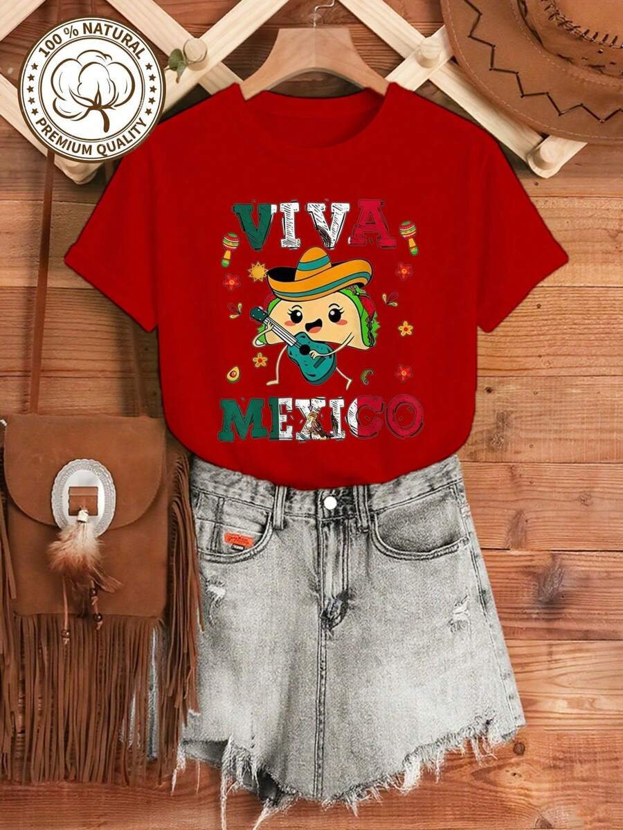 1 Pack Women's Plus Size Viva Mexico Graphic T-Shirt - 100% Cotton, Short Sleeve, Crew Neck, Casual Mexico T-Shirt Tops - 紅色 - 查看 1