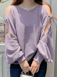 European Style Batwing Sleeve Sweater For Spring/Summer, Loose Top With V-Neck And Lantern Sleeves. - Light Purple - View 2