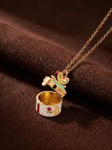 1pc Warm Heart Gift Box Necklace, Vintage High-End Style, Oil Drip Craft, 14K Gold Plated Copper Material, Suitable For Wife And Mother To Wear; Easily Match With Girls' Daily Outfits, Beach Vacation Parties, Music Festivals, Travel And Sightseeing Occasions; Charming Women's Jewelry, Women's Bracelet And Necklace, Small Accessories. - Multicolor - View 1