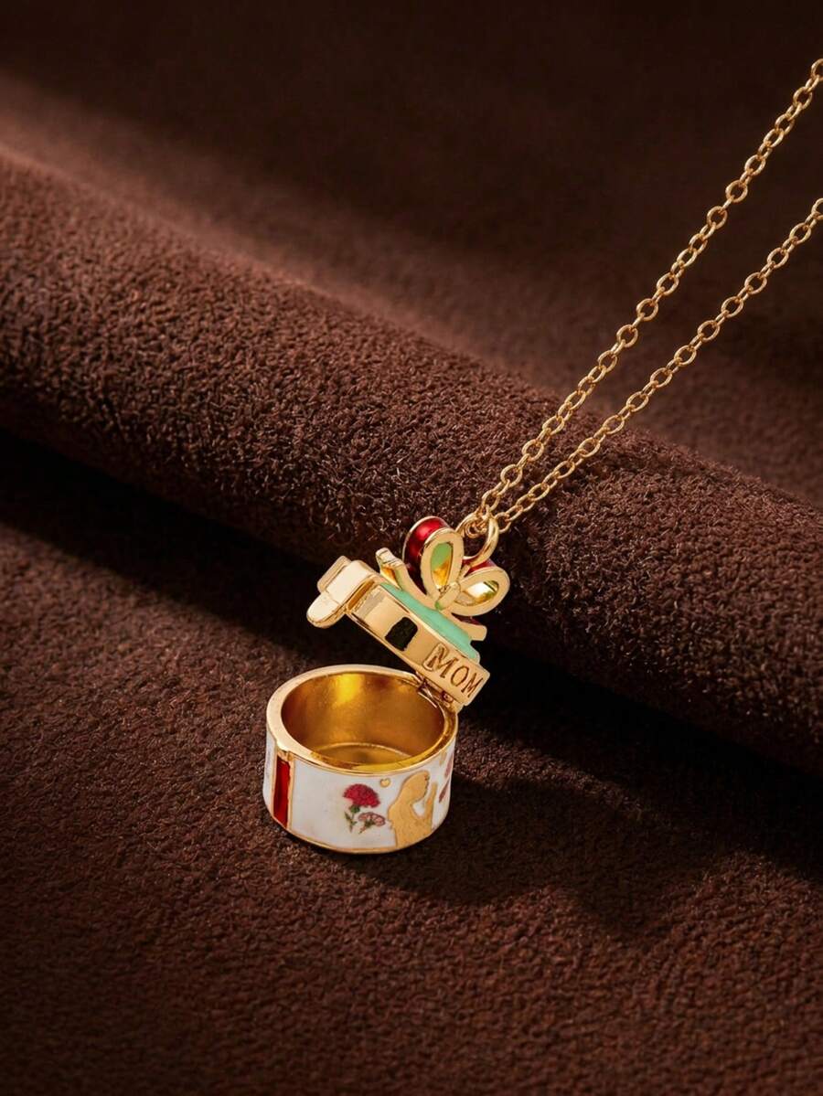 1pc Warm Heart Gift Box Necklace, Vintage High-End Style, Oil Drip Craft, 14K Gold Plated Copper Material, Suitable For Wife And Mother To Wear; Easily Match With Girls' Daily Outfits, Beach Vacation Parties, Music Festivals, Travel And Sightseeing Occasions; Charming Women's Jewelry, Women's Bracelet And Necklace, Small Accessories. - Multicolor - View 1