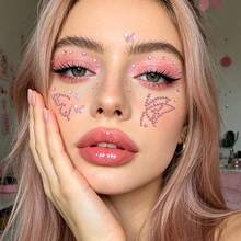 Pink Butterfly Flower 3D Glitter Rhinestone Face Jewels, Y2K Self-Adhesive Rhinestones, DIY Concert Disco Party Shiny Face Decoration - 粉色 - 查看 3
