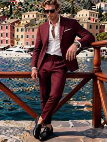 2pcs Men's Business Suit, Formal Wear For Wedding, Ceremony (Jacket + Trousers) - Burgundy - View 1