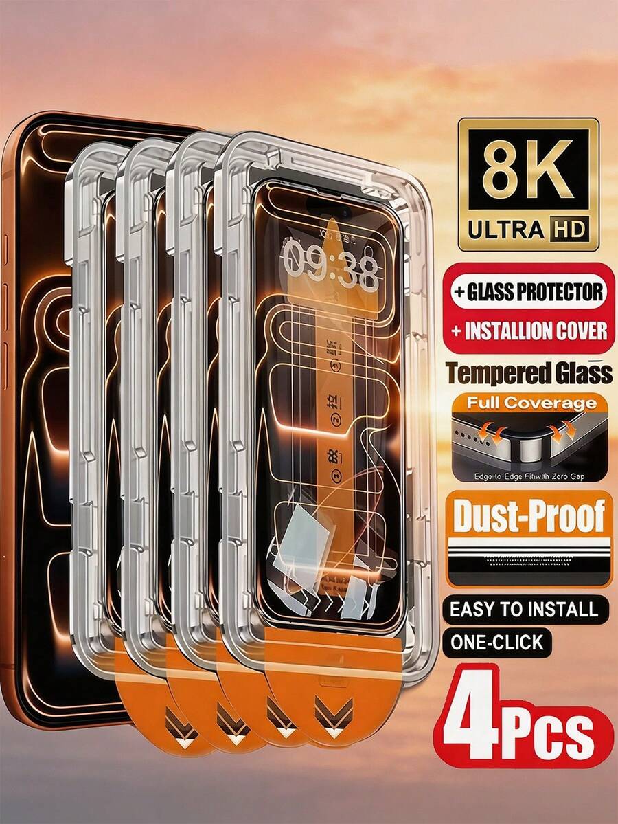 4PCS HD One Click Automatic Suction Dustproof Installation Tempered Glass Film Compatible With IPhone 17 Air 16 15 14 13 12 11 X/XS Pro Max Series Screen Protector 9H+High Aluminum Hardness Dustproof Earpiece Explosion-Proof, Scratch Resistant, Protection Film