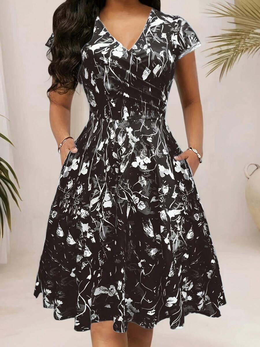 Midi Dress With Pocket And V-Neck, Elegant Floral Print For Spring, Summer And Autumn - 黑色 - 查看 1