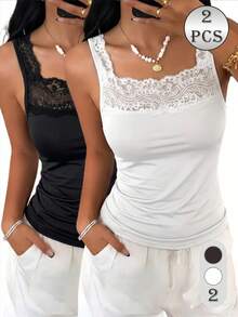 2pcs Summer Camisole Tank Top With Semi-Sheer Lace Patchwork Design, INS Fashion Women's Outerwear Innerwear Base Layer Sleeveless T-Shirt - Multicolor - View 2