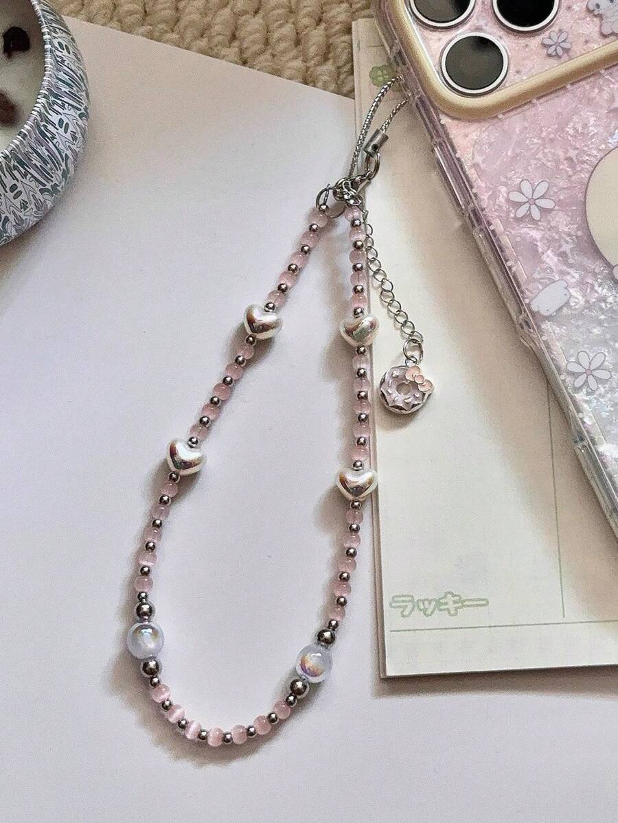 1 Peça Pingente de Telefone com Coração de Rosquinha, Gato e Gravata Borboleta - Corrente de Telefone Feita à Mão com Contas para Pendurar, Corrente Anti-Perda de Câmera para Viagem, Acessório de Bolsa, Chaveiro, Suporte para Estojo de Fone de Ouvido Bluetooth Apple Pro, Presente de Feriado para Mulheres - Multicolorido - Visão 1