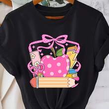 Women's Black Short-Sleeved T-Shirt With Pink Apple Graphic Print And School Supplies – Casual Fashion, Round Neck, Teacher-Themed, Comfortable And Cool For All Seasons - 黑色 - 查看 2