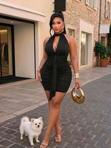 Plus Size Black Halter Neck Cutout Twist Knot Ruched Bodycon Mini Dress Elegant Party Summer - Black - View 1