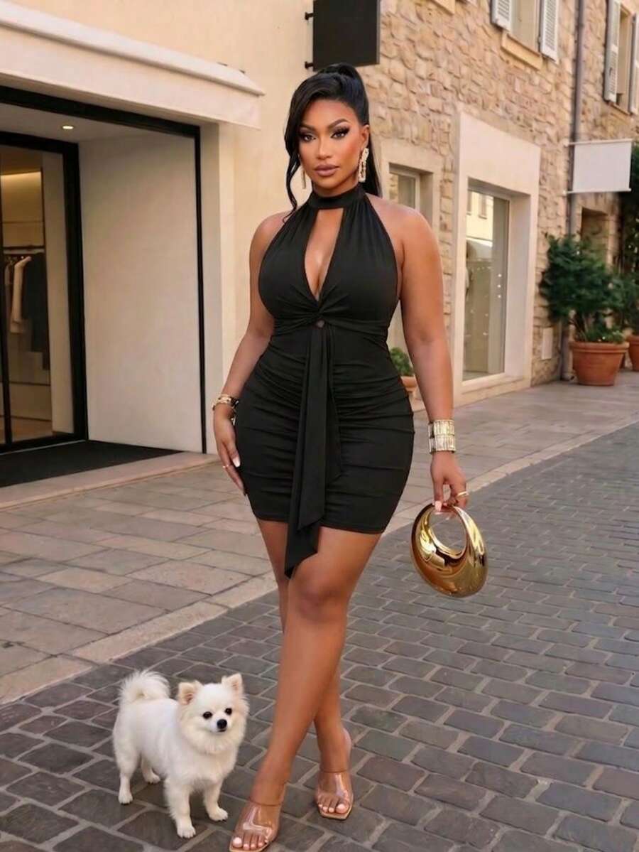 Plus Size Black Halter Neck Cutout Twist Knot Ruched Bodycon Mini Dress Elegant Party Summer - Black - View 1
