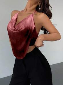 Top de cuello halter para sin espalda con fornteras drapeadas y diseño sólido - Burdeos 3 - Ver 1