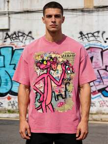 Vintage Acid Wash Pink Oversized T-Shirt, Retro Comic Newspaper Collage Graffiti Spray Paint Graphic Loose Fit 230g Heavyweight Men's Washed Tee - 髒髒洗玫紅色 - 查看 3